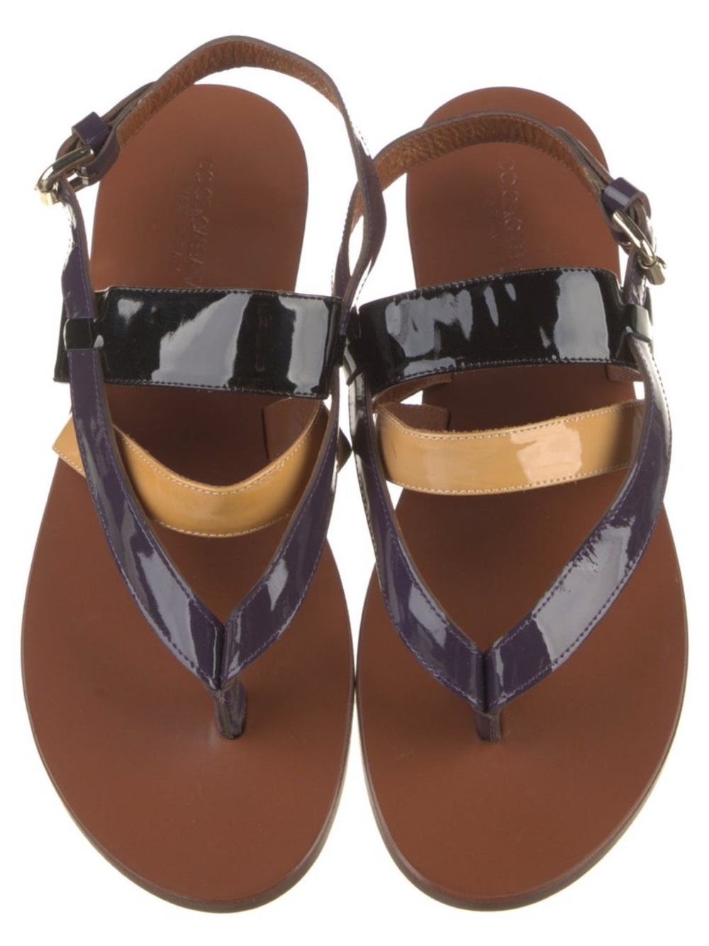 Dolce & Gabbana Purple Black Tan Patent Leather Thong Sandals with Buckle